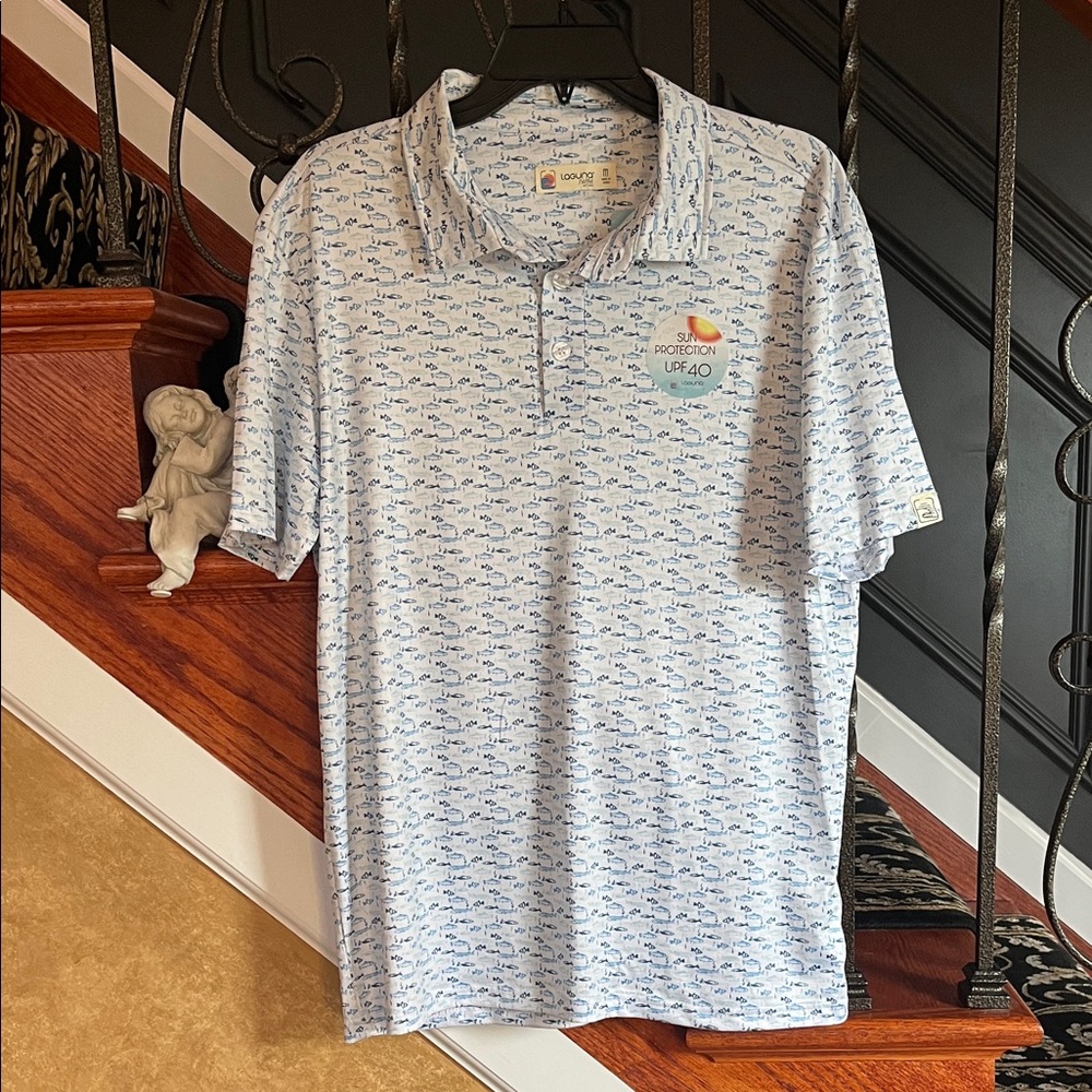 Laguna B Size M Short Sleeve Fish Print Polo Shirt with UPF 40 Sun Protection